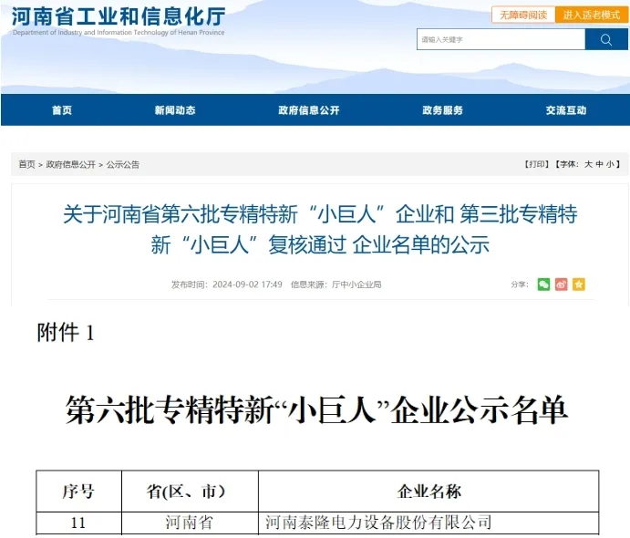 喜讯｜泰隆电力荣获国家级专精特新“小巨人”企业